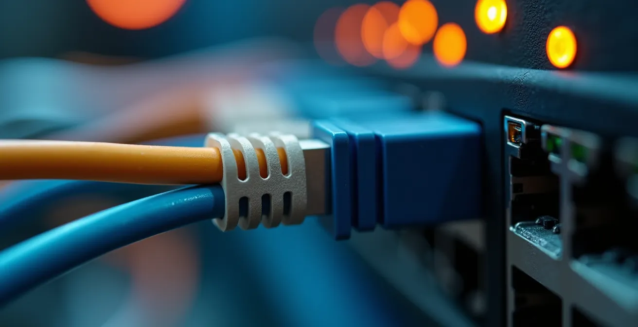 Makroaufnahme von Netzwerkkabeln und Switches in einem professionellen Setup