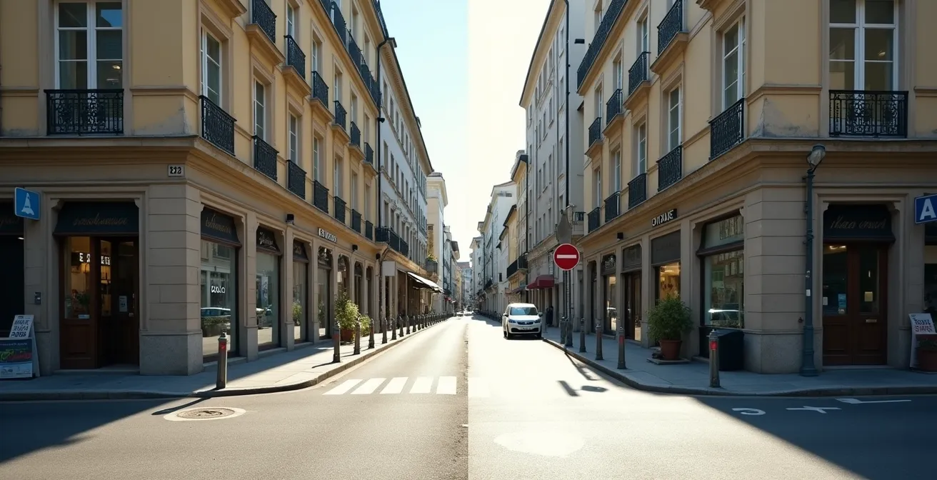 Vergleichsaufnahme derselben Strassenszene mit 35mm und 50mm Brennweite