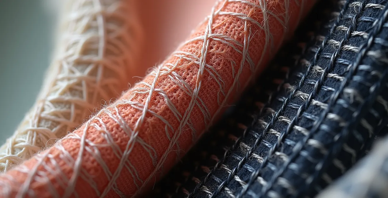 Makroaufnahme von Stofftextur und Nähten eines Modeartikels