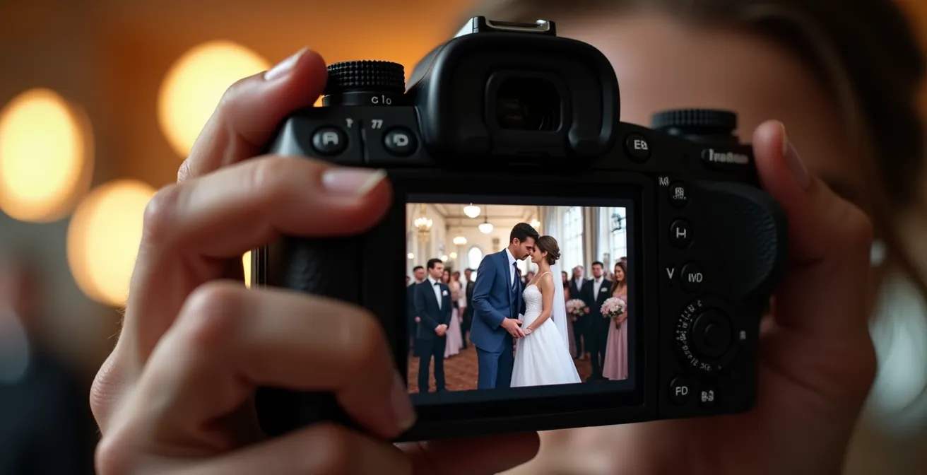 Nahaufnahme des elektronischen Suchers einer spiegellosen Kamera während der Hochzeitsfotografie