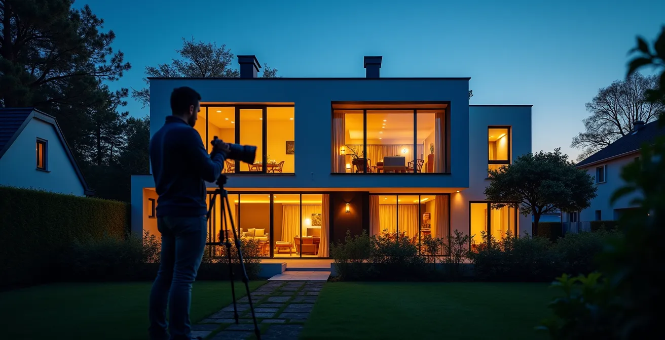 Einfamilienhaus während der blauen Stunde mit warm erleuchteten Fenstern