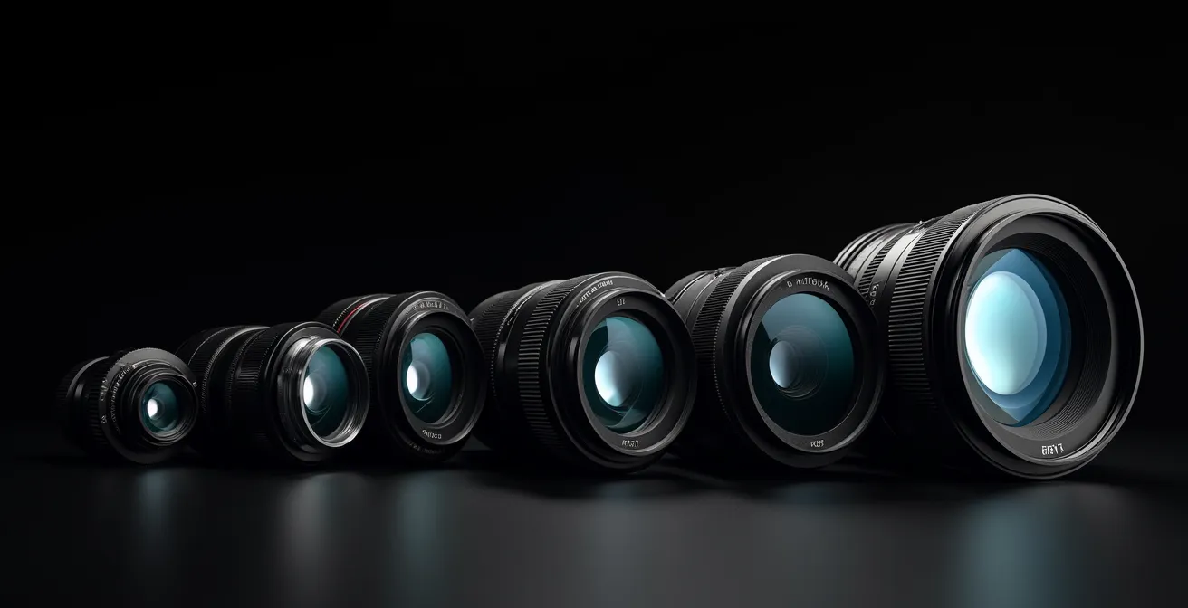 Professionelle Vollformat-Objektive arrangiert mit sichtbaren Brennweiten-Markierungen
