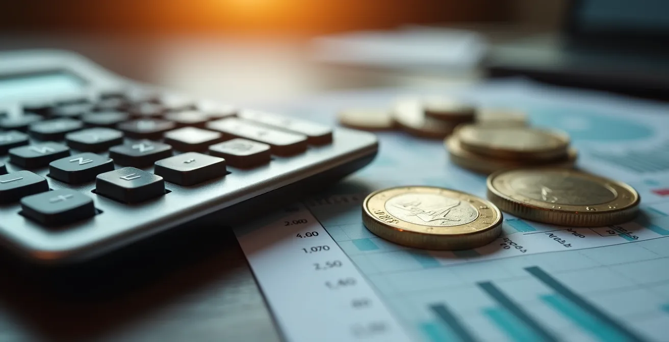 Detailaufnahme von Produktionsbudget-Dokumenten mit Taschenrechner