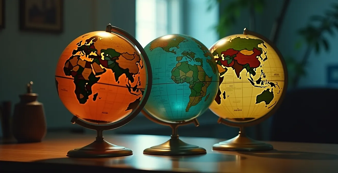 Abstrakte Weltkarte mit farblich markierten Lizenzgebieten, die verschiedene geografische Lizenzzonen symbolisieren.