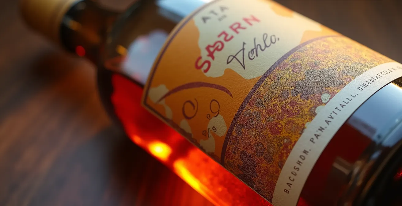 Makroaufnahme einer Glasflasche mit perfekt ausgeleuchtetem Etikett durch Kreuzpolarisation