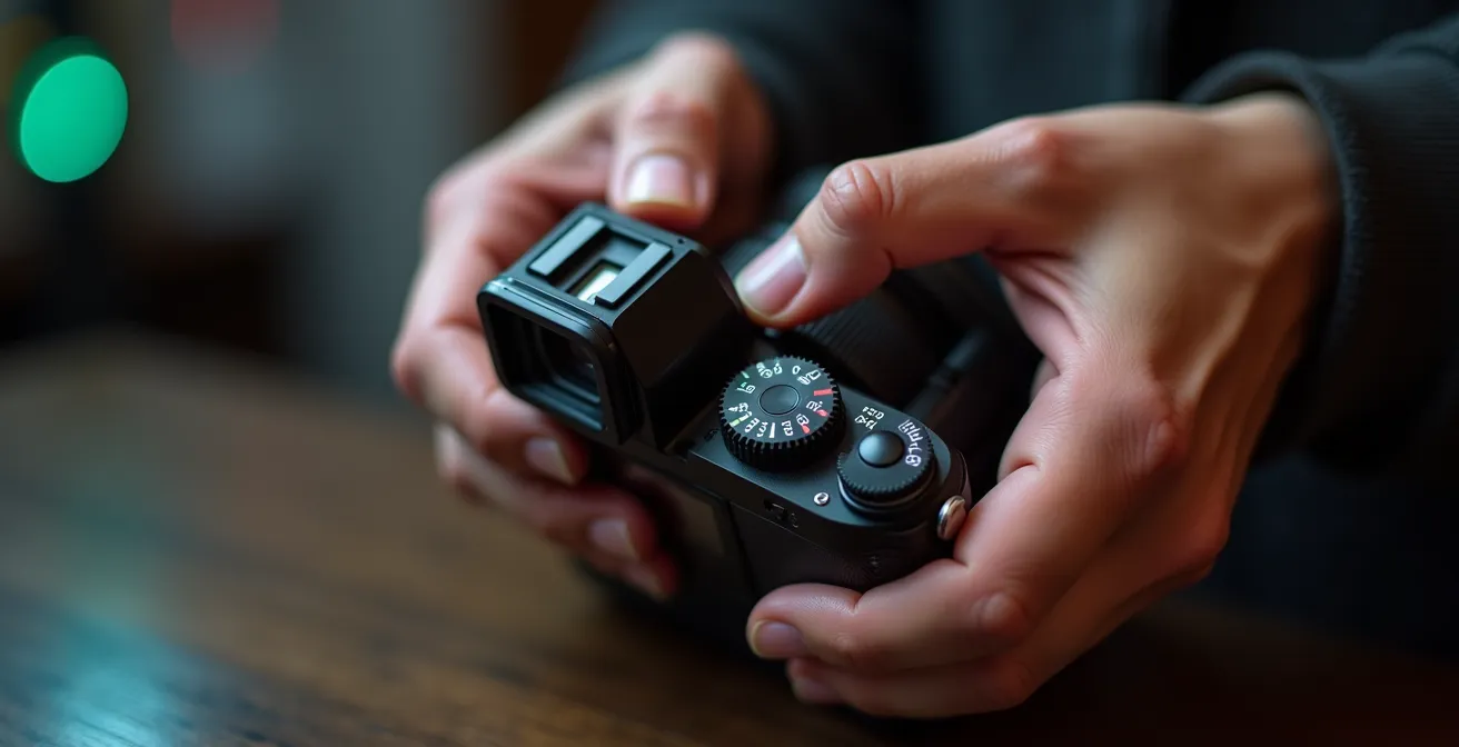 Nahaufnahme von Händen, die präzise Kameraeinstellungen im Studiosticht vornehmen