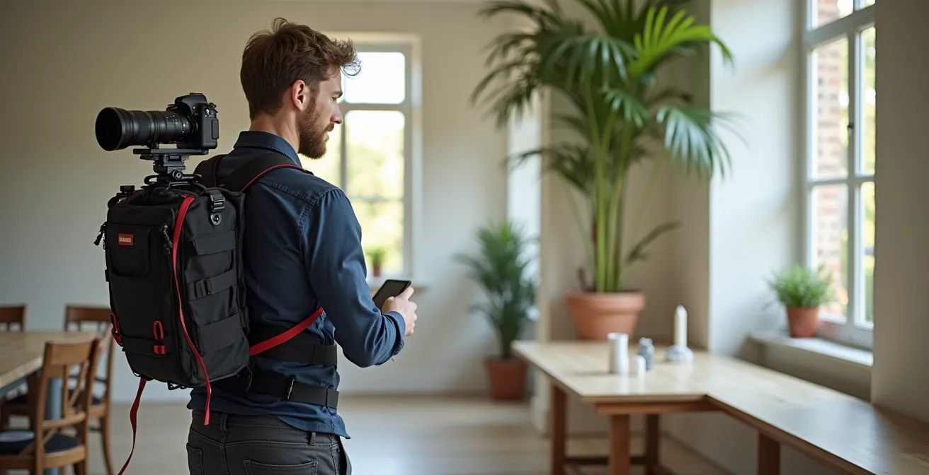 Professioneller Fotograf mit ergonomischem Kamera-Tragesystem bei Hochzeit
