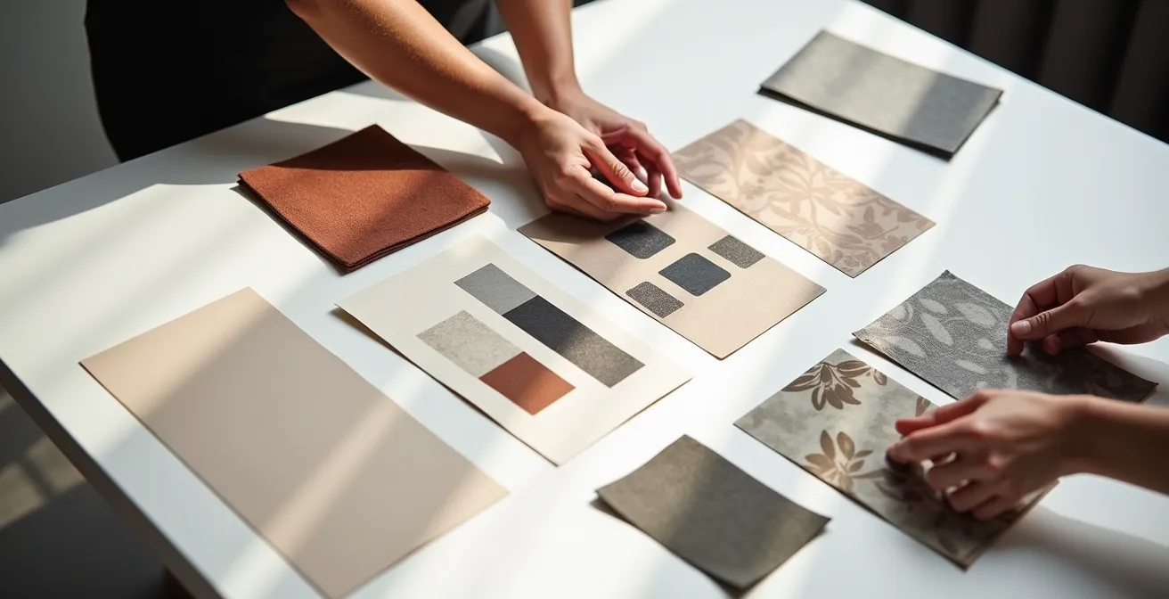 Kreatives Planungstreffen zwischen Hotelmanager und Content Creator mit Moodboards und Farbpaletten