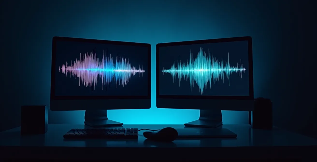 Splitscreen-Vergleich zweier Bildbearbeitungsmonitore mit unterschiedlichen ISO-Aufnahmen