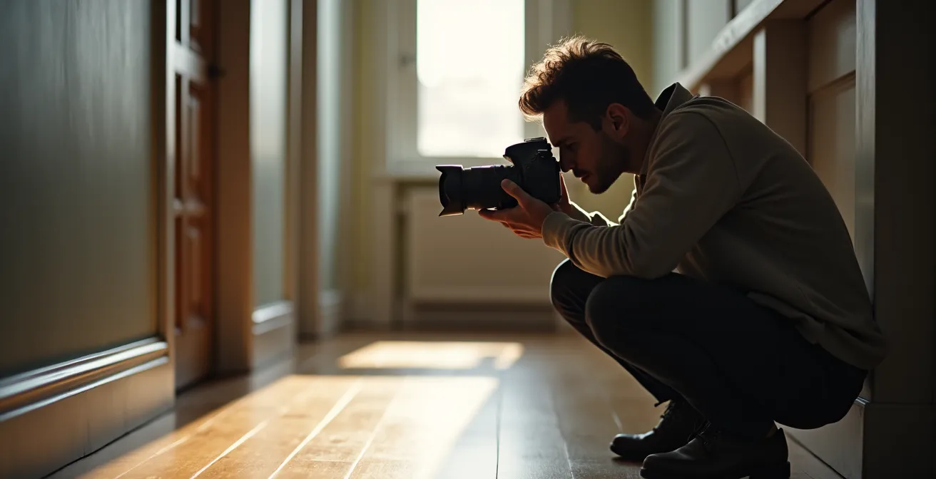 Seitliche Ansicht eines Fotografen, der aus der Hüfte fotografiert, um die Auswirkung der Kamerahöhe auf die Raumdarstellung zu demonstrieren.