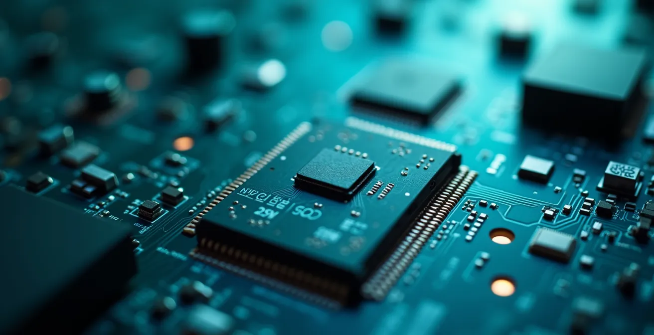 Makroaufnahme von NVMe SSD und Cache-Speicher für Lightroom-Optimierung