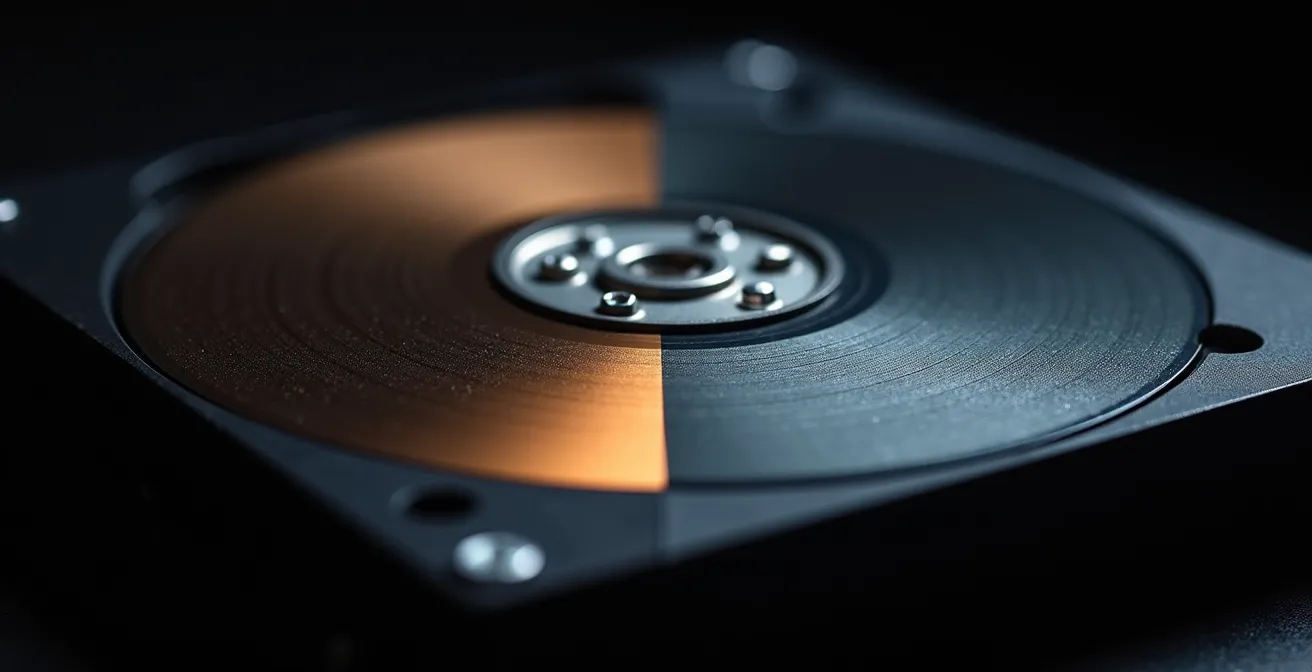 Makroaufnahme eines LTO-9 Magnetbands mit sichtbarer Oberflächenstruktur im Vergleich zu einer Festplatte