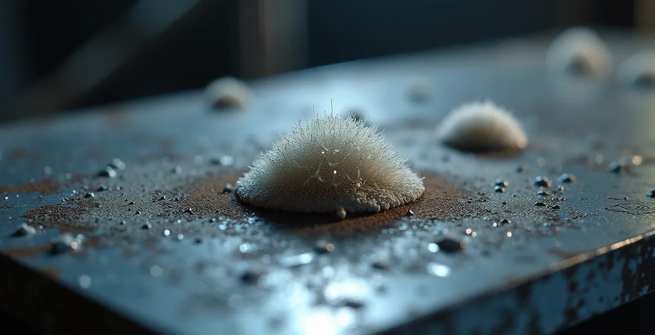 Extreme Makroaufnahme zeigt Kontrast zwischen Staubpartikeln und echten Oberflächendefekten