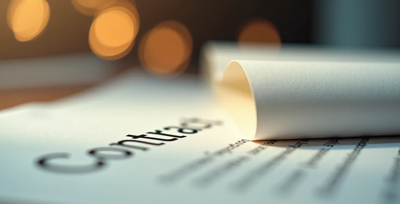 Makroaufnahme eines Vertragsdokuments, die die texturierte Oberfläche und die Wichtigkeit schriftlicher Vereinbarungen symbolisiert.