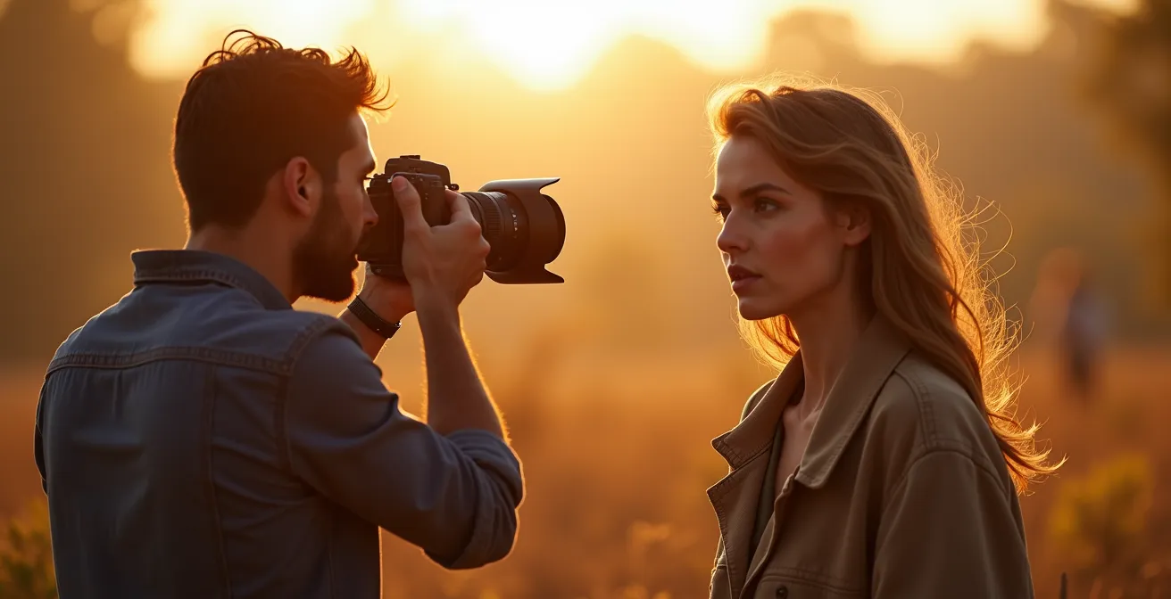 Fotograf mit mobilem Blitzsetup bei Outdoor-Fashion-Shooting