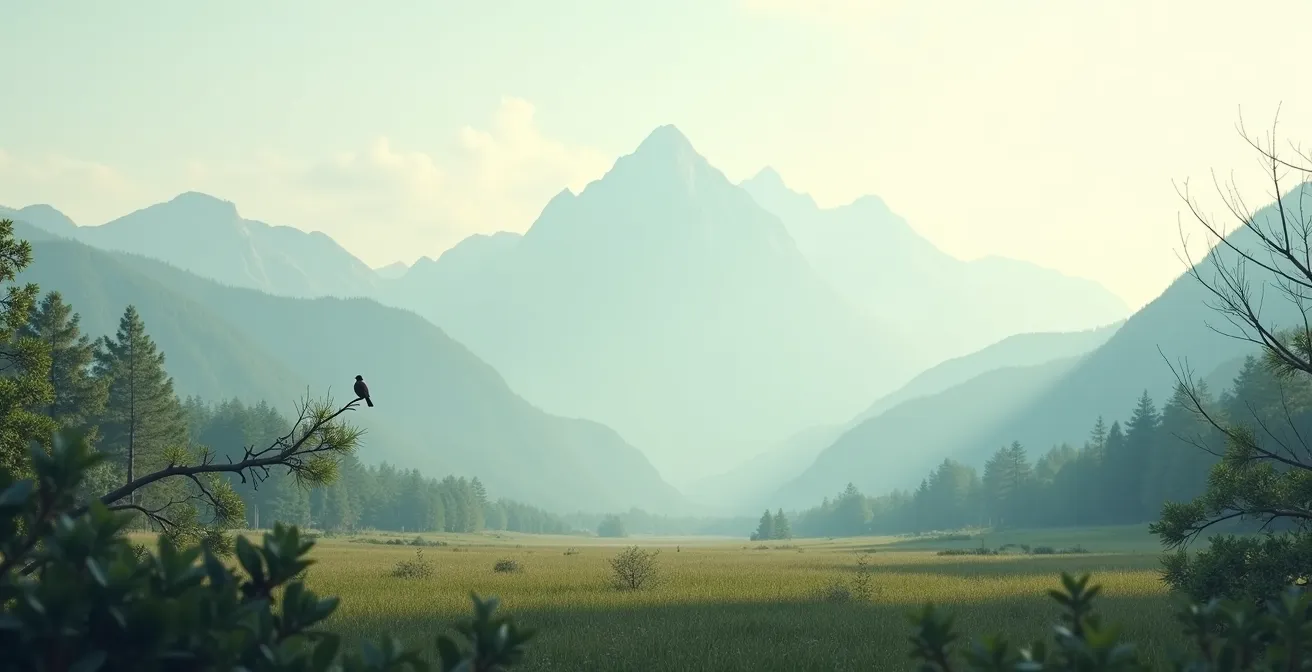 Darstellung der Telekompression mit gestaffelten Bildebenen, die zeigt, wie ein weit entfernter Berg durch ein Teleobjektiv nah hinter einem Vogel erscheint.