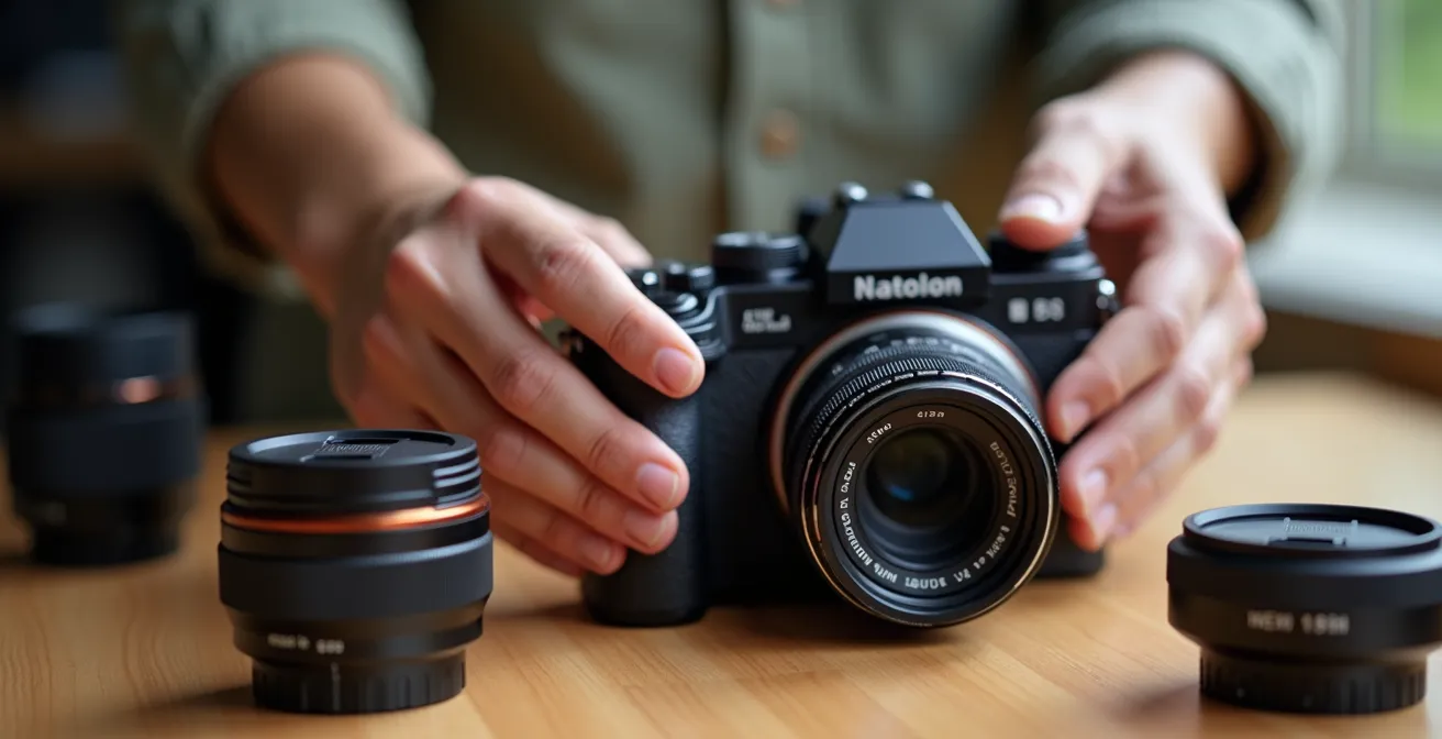 Professionelles Kamera-Setup mit Tilt-Shift-Adapter und verschiedenen Objektiven auf Arbeitstisch