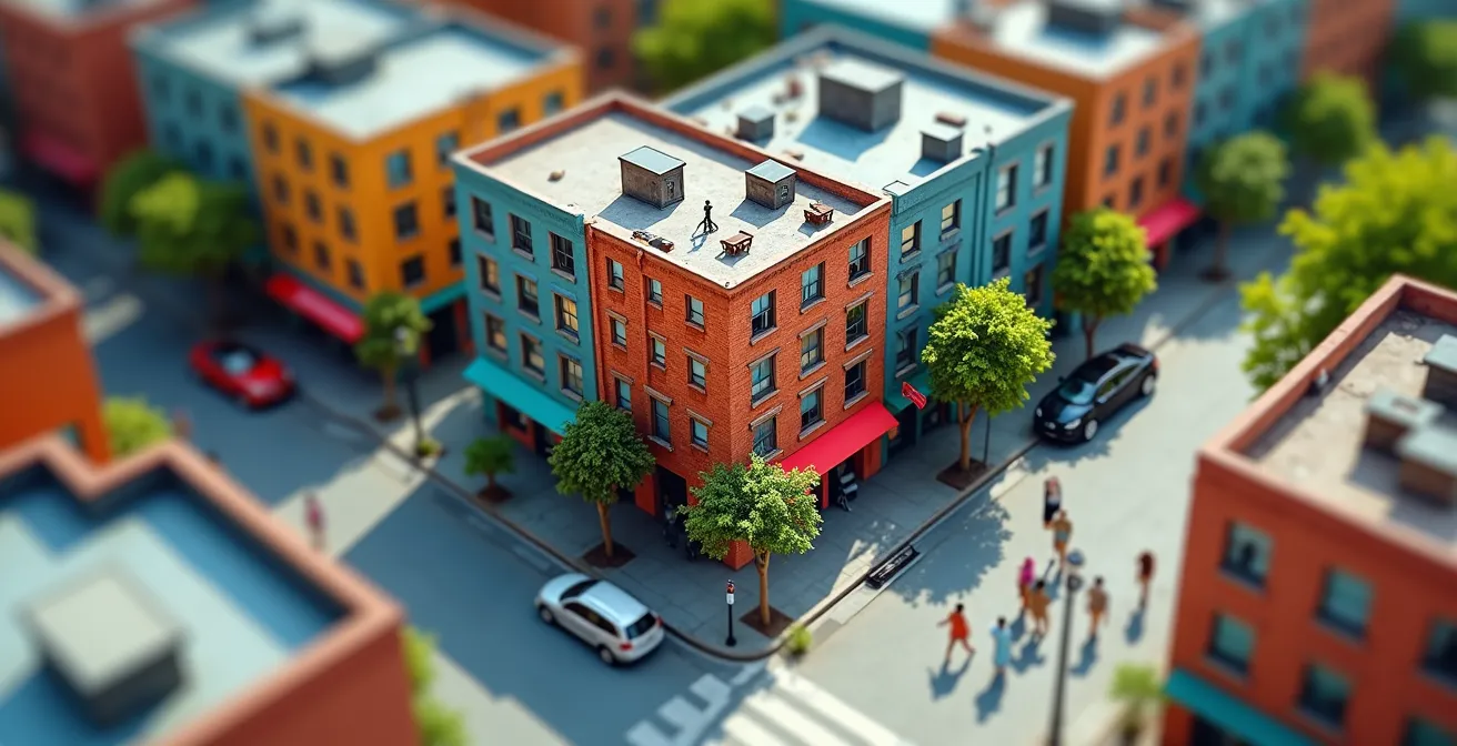 Stadtansicht mit Miniatureffekt durch Tilt-Shift-Technik, selektiver Fokus auf Gebäudemitte
