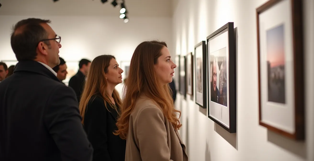 Galeriebesucher betrachten aufmerksam Fotografien bei einer Vernissage