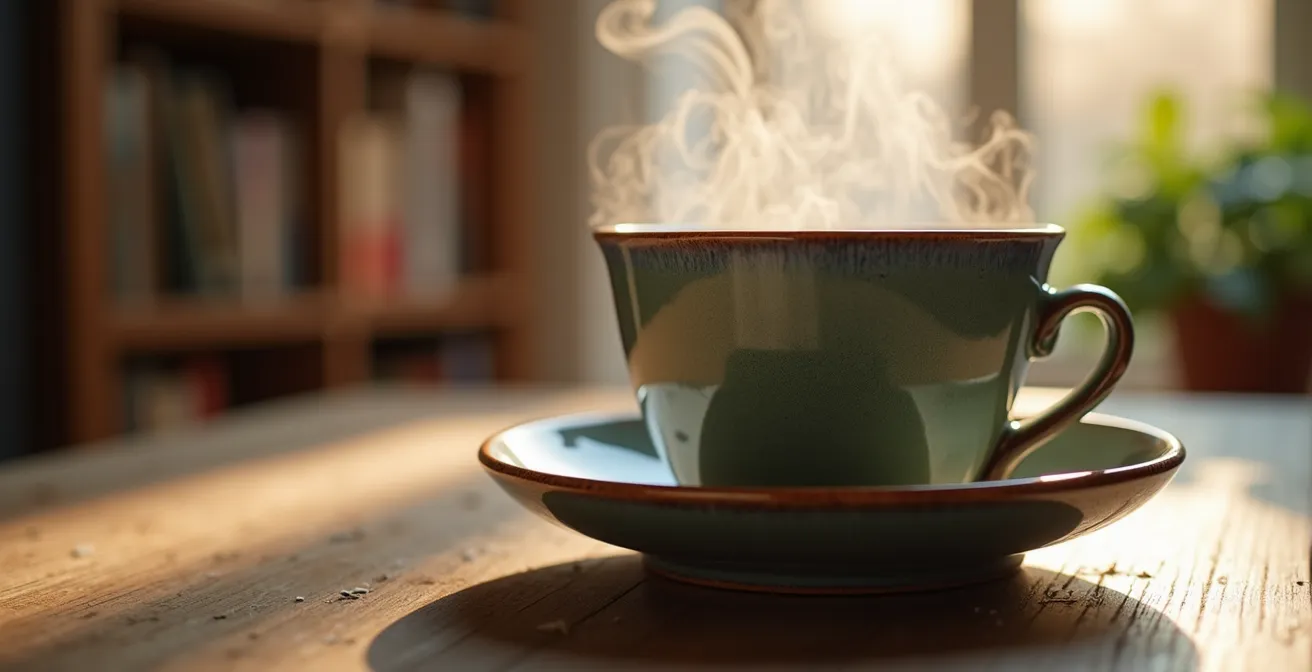 Makroaufnahme zeigt eine Kaffeetasse im Vordergrund mit einem unscharfen Wohnraum dahinter, was eine enorme Tiefenwirkung erzeugt.